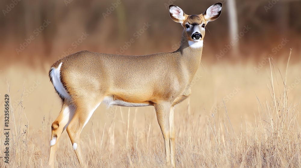 White tailed deer standing in grassy field during daylight hours White tailed deer standing in grassy field during daylight hours