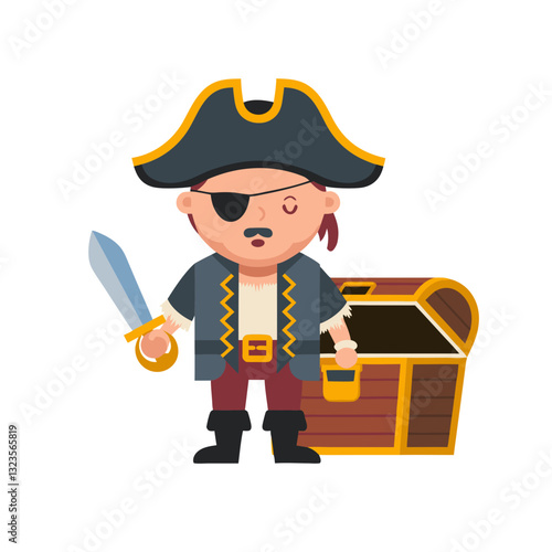 Pirate Cartoon Character with Treasure Chest Vector Illustration