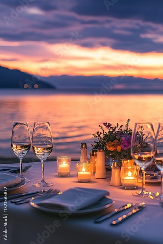 Romantic candlelit dinner setup on seaside table with wine glasses and ocean view at sunset