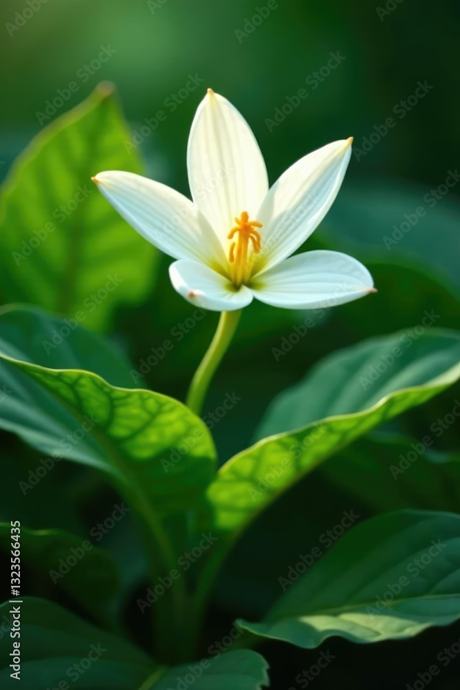 White flower bursting through leafy undergrowth, leaves, nature, flowers White flower bursting through leafy undergrowth, leaves, nature, flowers