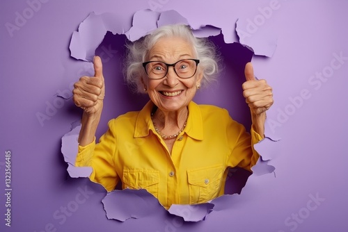 nergetic senior woman breaking through paper with a smile