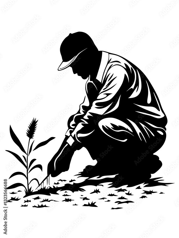 Fototapeta premium Gardener Silhouette Weeding Plant Vector Art for Agricultural Use