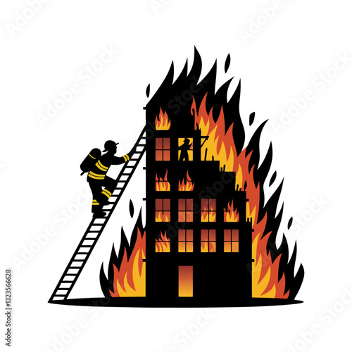 Firefighter Climbing Ladder to Rescue in Burning Building Vector Illustration