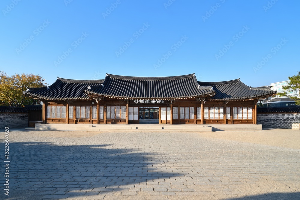 Korean traditional wooden house in courtyard, sunny day, park in background Korean traditional wooden house in courtyard, sunny day, park in background