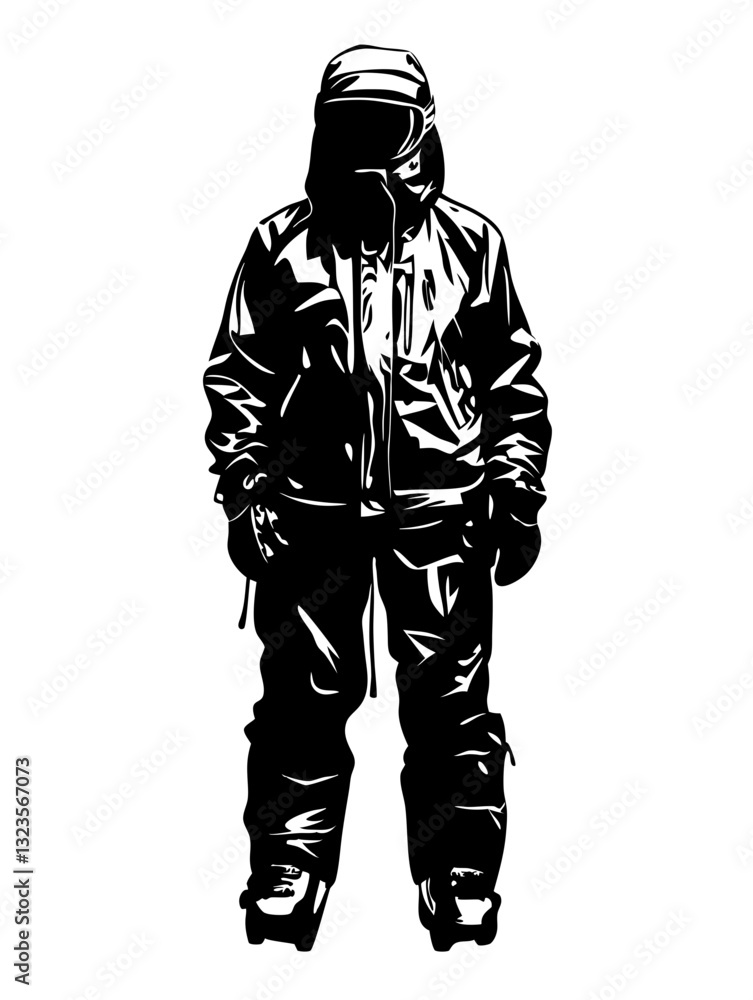 Silhouette of Winter Explorer in Heavy Jacket and Gloves for Adventure Lifestyle Silhouette of Winter Explorer in Heavy Jacket and Gloves for Adventure Lifestyle