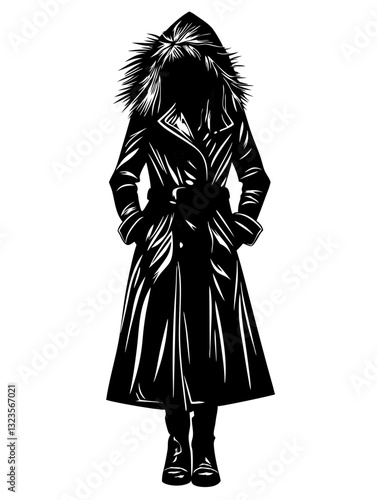 Silhouette Woman in Hooded Winter Coat Vector Illustration