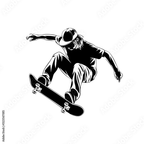 Dynamic Skateboarder Performing Airborne Trick Vector Illustration