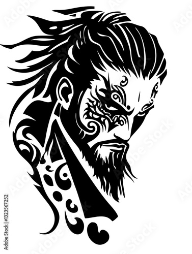 Intricate Warrior Tattoo Design with Tribal Facial Patterns