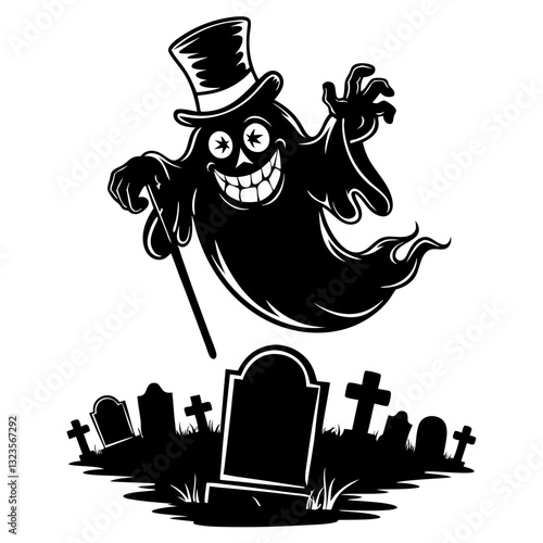 Spooky Cartoon Ghost in Top Hat with Tombstones Halloween Vector Art