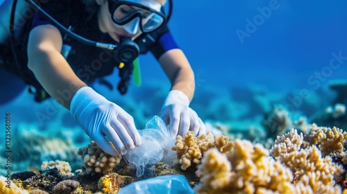 Fototapeta Naklejka Na Ścianę i Meble -  Diver Cleaning Plastic Waste from Ocean Waters