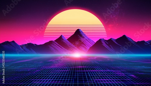 80s synthwave styled landscape with mountains and sunset
