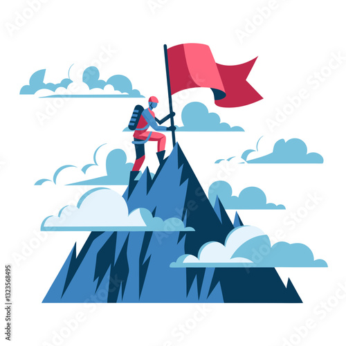 Mountain Climber Raising Flag on Peak Achievement Vector Illustration