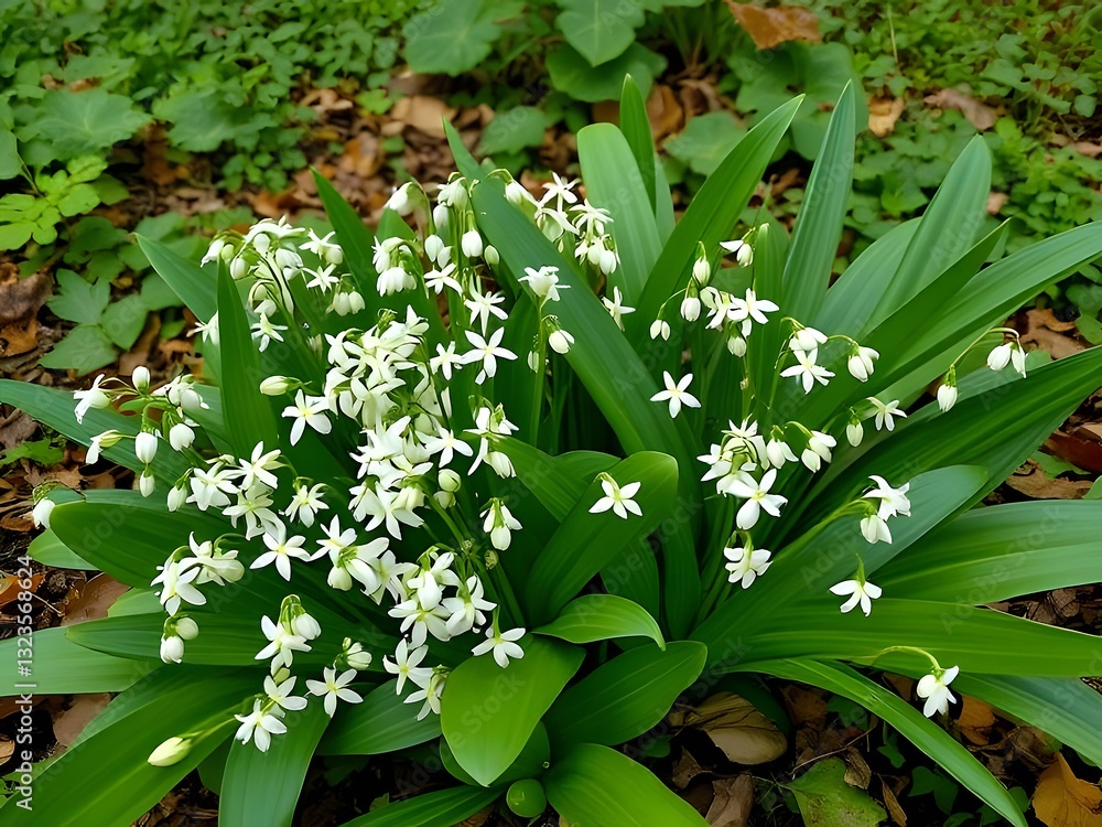 Obraz premium Beautiful White Star-Shaped Flowers with Lush Green Leaves in a Garden Setting.