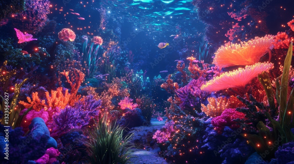 Fototapeta premium Surrealism Surreal Scene View Coral Reef Glowing Life