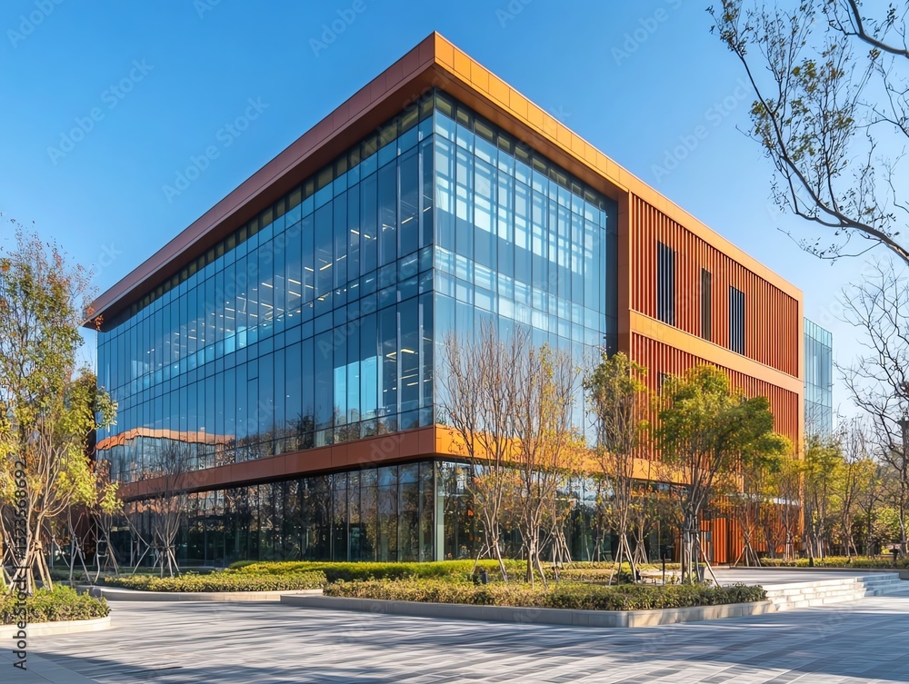 Modern glass facade of an office building with reflections on a clear day Modern glass facade of an office building with reflections on a clear day