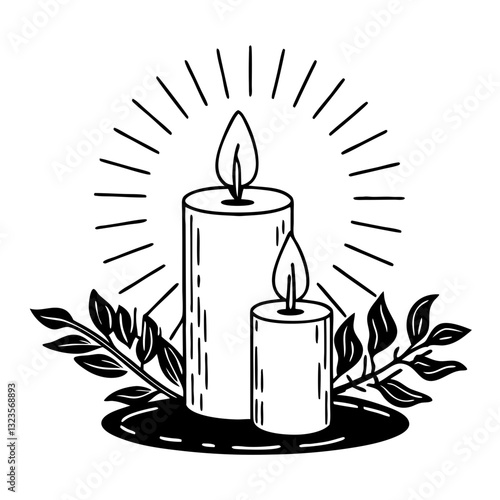 Elegant Candle Illustration with Leaves and Radiant Glow for Decor and Wellness Designs