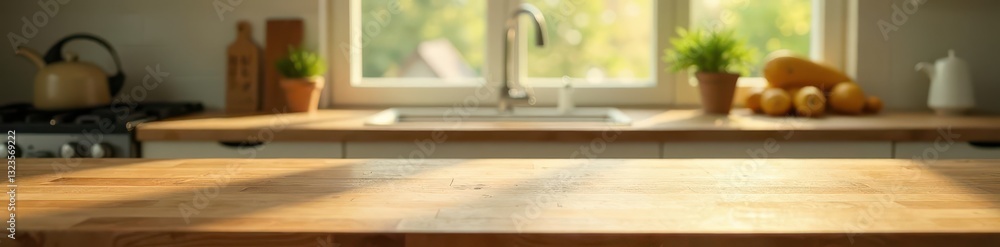 Smooth wood surface, out-of-focus kitchen window scene, polished, wooden table Smooth wood surface, out-of-focus kitchen window scene, polished, wooden table