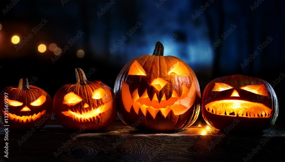 evil faces on carved pumpkins illuminated in the dark halloween night evil faces on carved pumpkins illuminated in the dark halloween night
