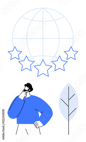 Thoughtful character observing five stars under global grid symbol, alongside minimal tree design. Ideal for review, quality, rating, decision-making, evaluation, mindfulness global impact. Flat