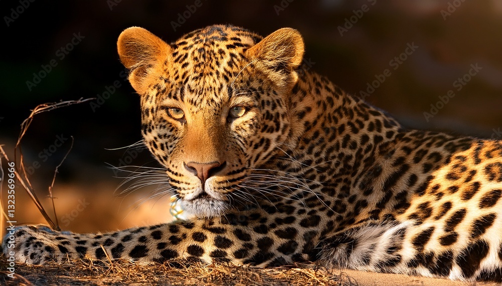 Fototapeta premium leopard lies in the sun muzzle close up