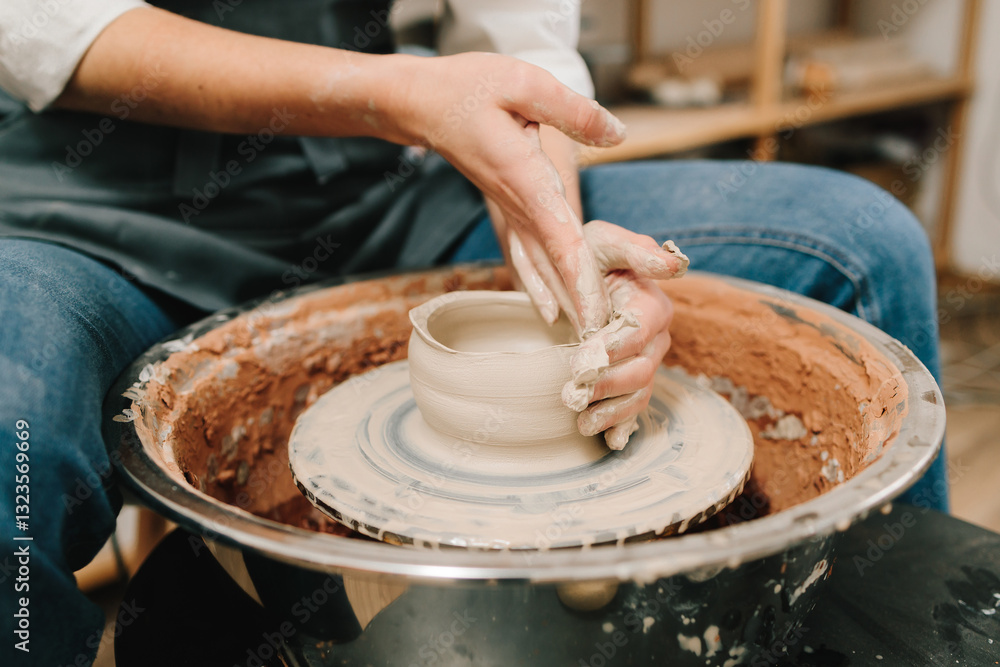 Fototapeta premium Process of making a unique ceramic shape. Potter creates a ceramic bowl in the pottery studio.
