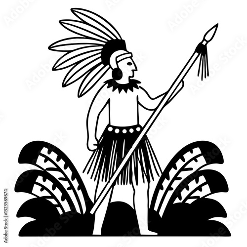 Indigenous Warrior Silhouette with Spear Headdress and Tribal Skirt Illustration