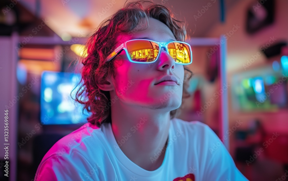 Stylish Person with Neon Glasses in a Colorful Setting Stylish Person with Neon Glasses in a Colorful Setting