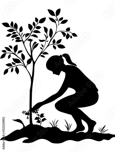 Silhouette Girl Gardening Vector Art Nature Conservation Design