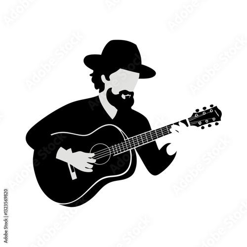 Acoustic Guitarist Silhouette Playing Music in Black Hat Vector Art