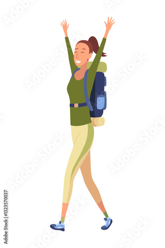 Hiker travel in summer clothing with big backpack. Woman walking. Happy male character, traveller or tourist going to vacation. Vector cartoon illustration