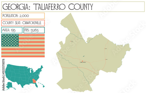 Large and detailed map of Taliaferro County in Georgia USA.