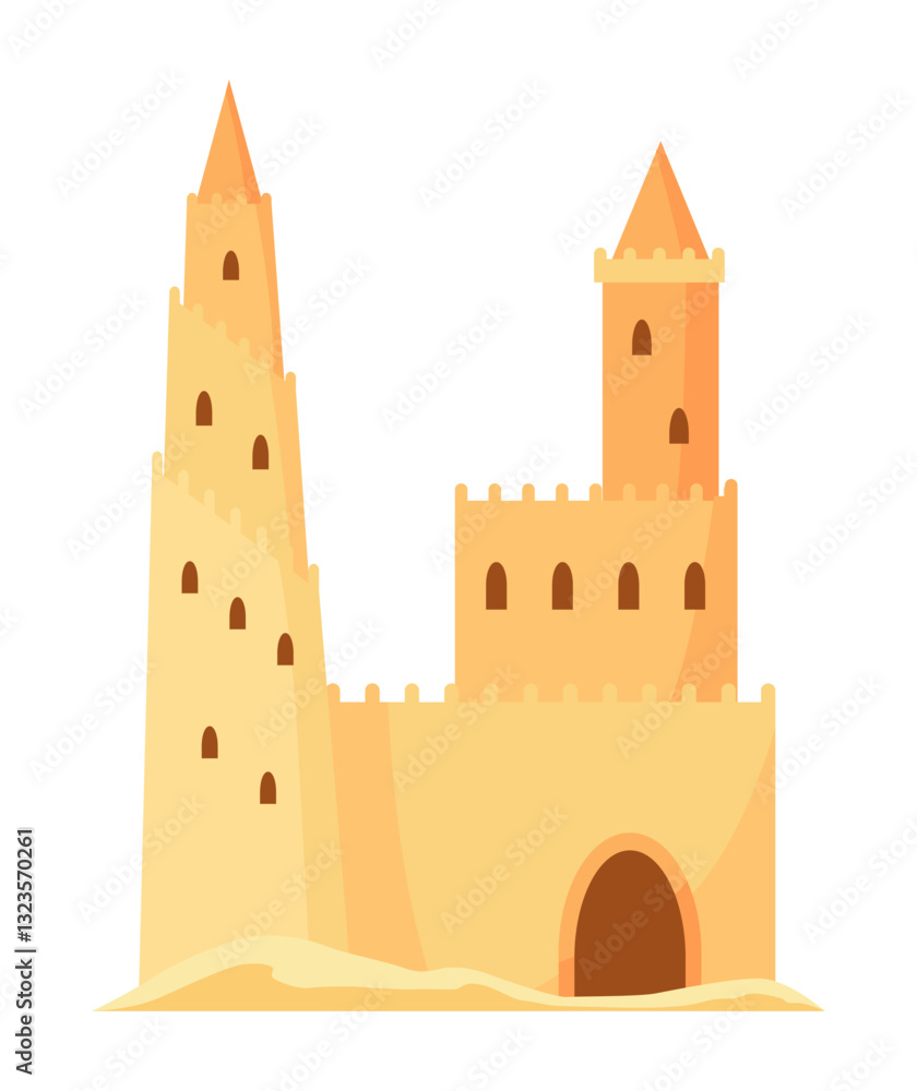 Sand castle. Kids fortress constructions. Sandy stronghold with wall and tower. Summer beach games to build sandy palaces or citadel. Vector cartoon illustration of beach sculptures Sand castle. Kids fortress constructions. Sandy stronghold with wall and tower. Summer beach games to build sandy palaces or citadel. Vector cartoon illustration of beach sculptures