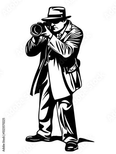 Detective Silhouette Vector Man with Trench Coat and Camera