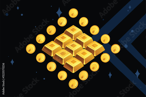 Luxurious gold bars and ancient coins meticulously arranged on a dark, velvet surface, showcasing wealth and prosperity.
