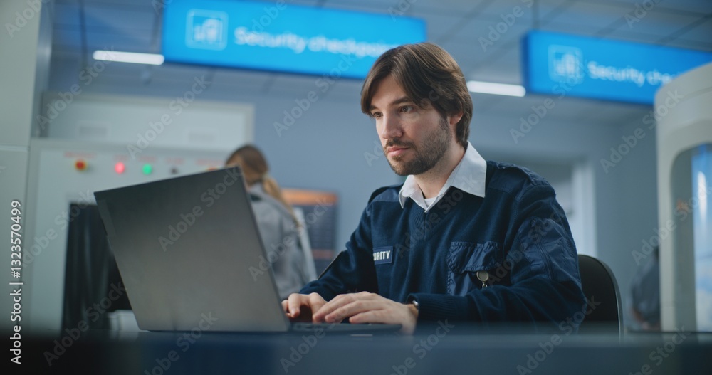 Airport Security Check: Portrait of TSA Worker Using Laptop, Looking at Camera. Transportation Security Administration for Travel Safety. In Background, Airport Staff Conducting Screening Procedures. Airport Security Check: Portrait of TSA Worker Using Laptop, Looking at Camera. Transportation Security Administration for Travel Safety. In Background, Airport Staff Conducting Screening Procedures.