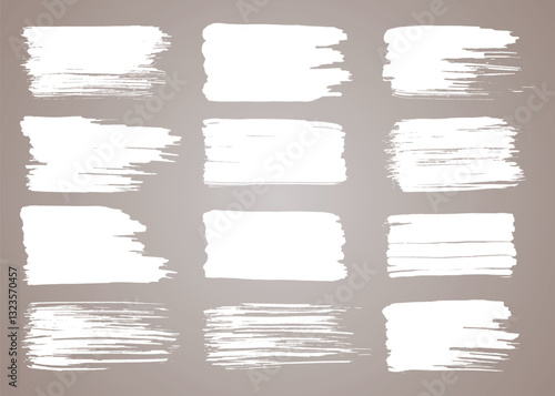 Vector paint brush set. White ink grunge brush strokes. Grunge design elements. Painted ink stripes. Creative isolated spots. Ink smudge, abstract shape stains and smear set