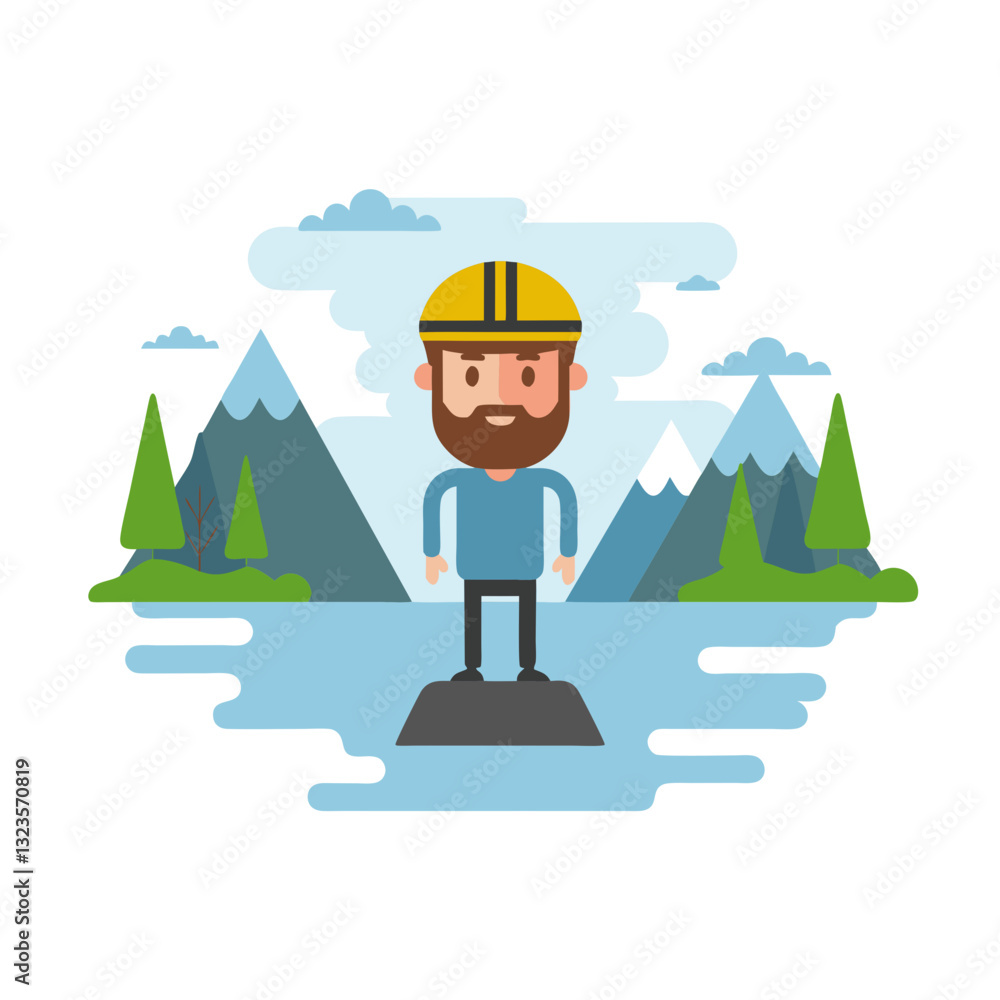 Cartoon Mountain Explorer with Beard and Helmet Scenic Vector Art Cartoon Mountain Explorer with Beard and Helmet Scenic Vector Art