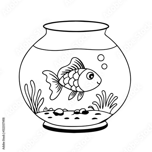Cute Goldfish in Fishbowl Vector Illustration for Coloring Book