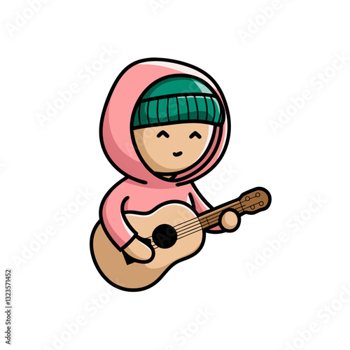 Cute Cartoon Character Playing Guitar with Pink Hoodie and Green Beanie