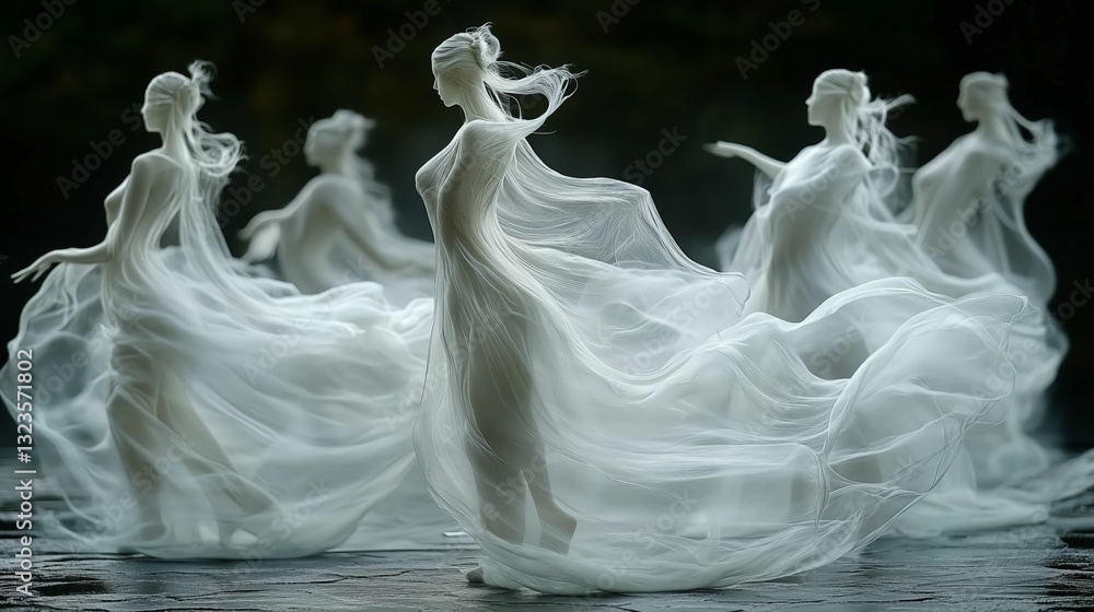 Elegant women dance in flowing white gowns, ethereal and graceful motion. Elegant women dance in flowing white gowns, ethereal and graceful motion.