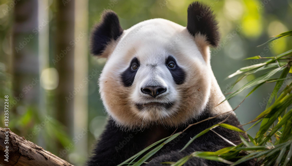 Fototapeta premium Retrato de la cabeza de un oso panda sobre un fondo verde de un bosque de bambú en el dia mundial del oso panda