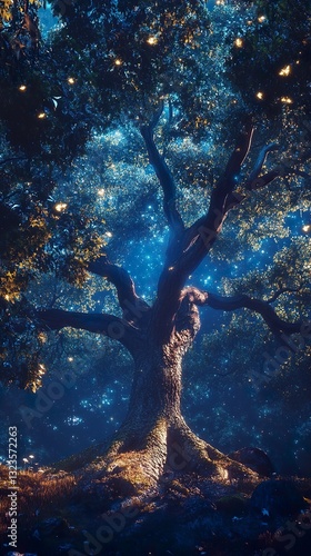 Enchanted Forest at Night: A Mystical Tree Under the Stars