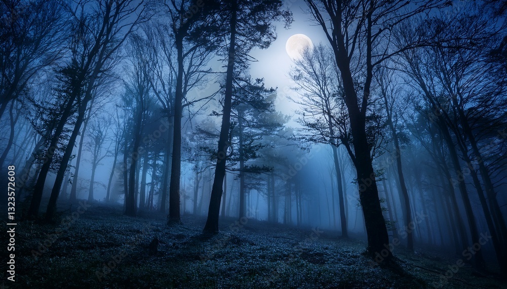 mysterious dark foggy forest at night silhouetted trees moonlit scene mysterious dark foggy forest at night silhouetted trees moonlit scene