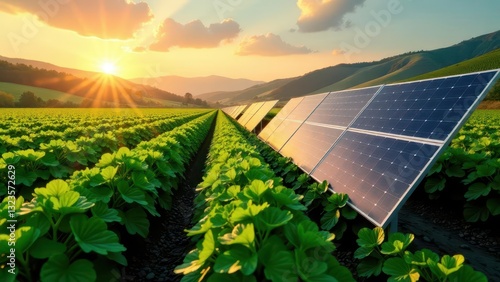 Serene Sunset over a Lush Green Field with Solar Panels Generating Clean Energy