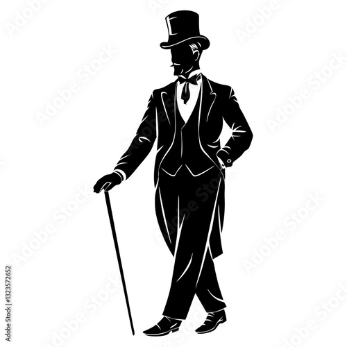Elegant Gentleman in Top Hat with Cane Silhouette Vector for Vintage Design and Art Projects
