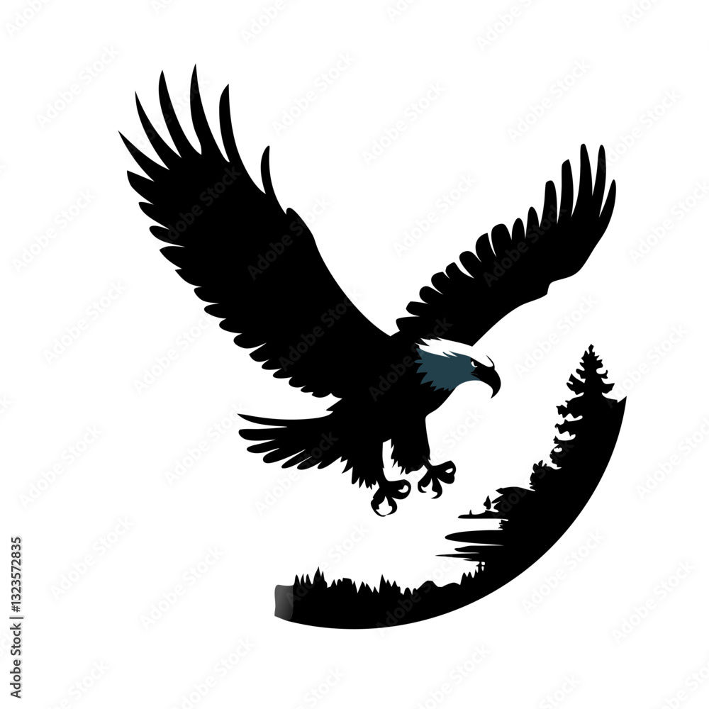 Fototapeta premium Majestic Eagle Silhouette with Forest Landscape for Artistic Design and Decor