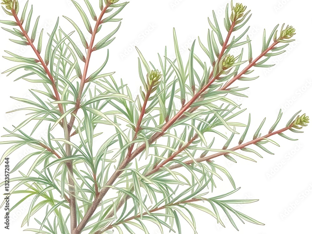 Fototapeta premium Detailed illustration of a Rosemary Plant with green leaves and red stems, plant, herb, botanical art