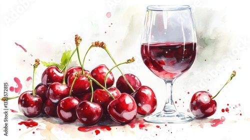A Watercolor Painting Of Cherries And A Glass Of Red Wine