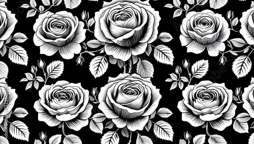 Elegant Monochrome Rose Pattern: A Seamless Design of Classic Roses in Black and White photo