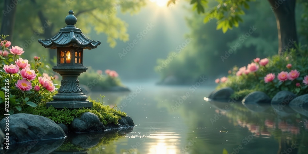 Obraz premium Serene Illuminated Stone Lantern Beside Tranquil Water and Blooming Flowers in a Misty Garden at Dawn